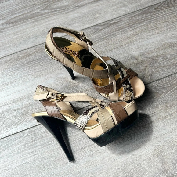 Michael Kors  Niki Cross Strap Genuine Snakeskin Stiletto Heels Sandals - Picture 2 of 14